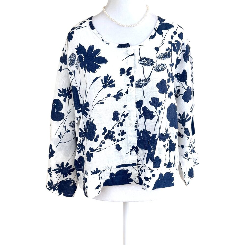 Flax Linen Jacket Top Cropped Buttonfront Blue & White Floral (M)